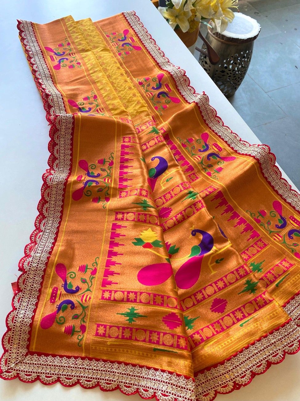 Premium Paithani Silk Saree With scalloped embroidered lace border
