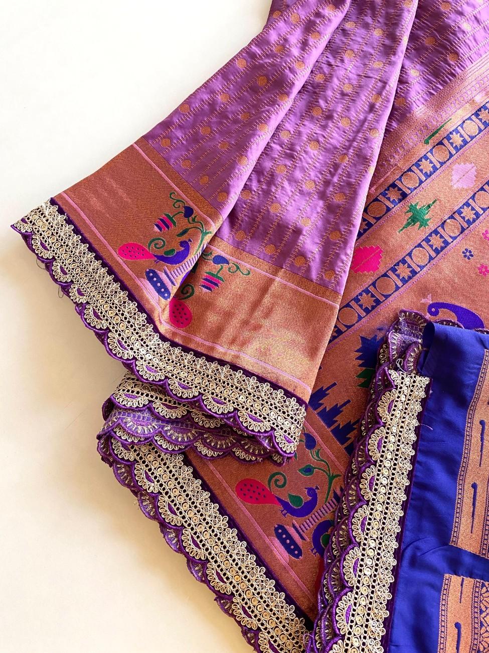 Premium Paithani Silk Saree With scalloped embroidered lace border