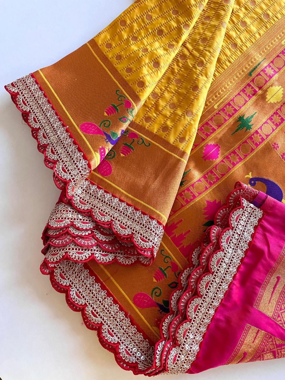 Premium Paithani Silk Saree With scalloped embroidered lace border
