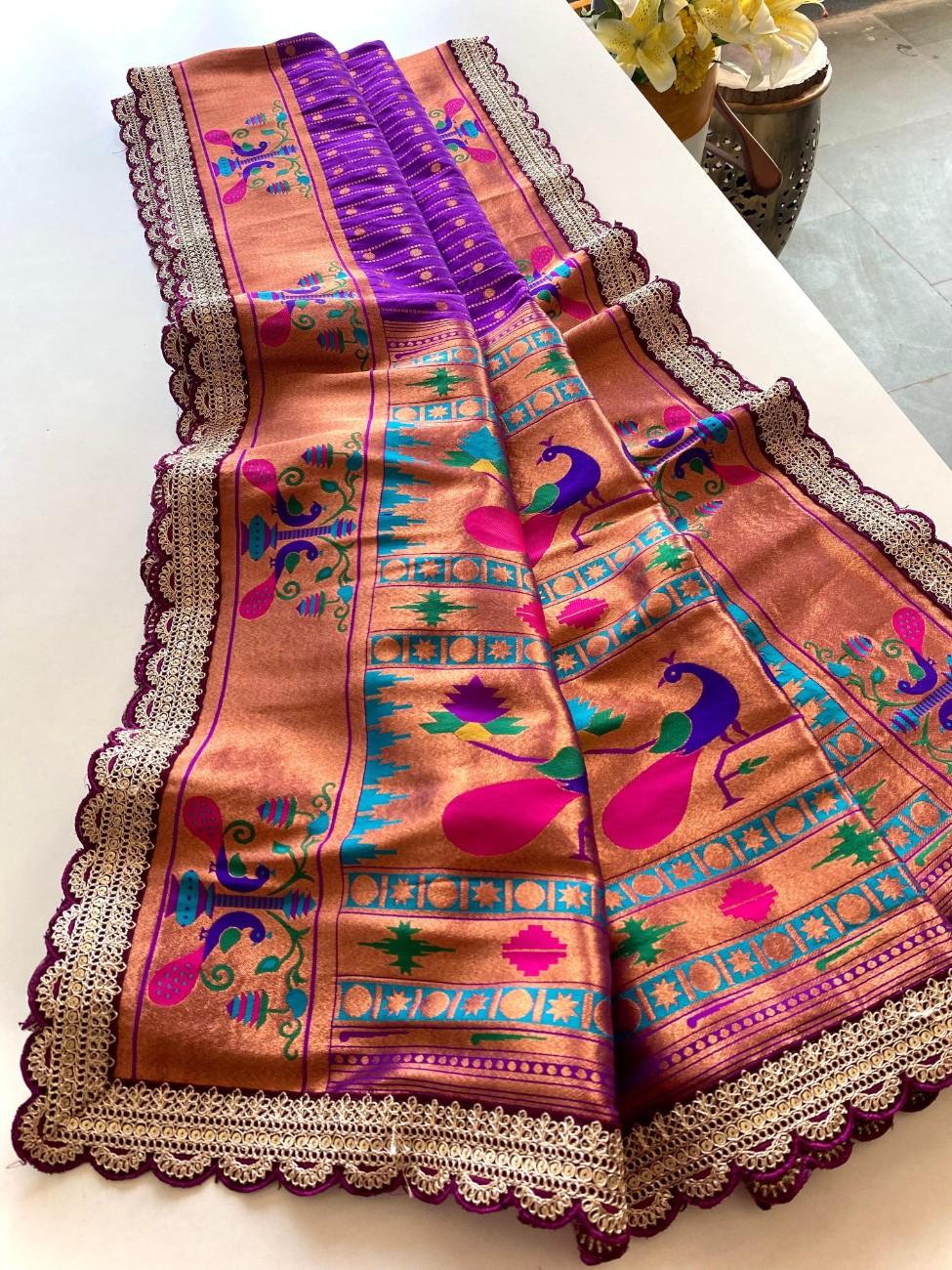 Premium Paithani Silk Saree With scalloped embroidered lace border
