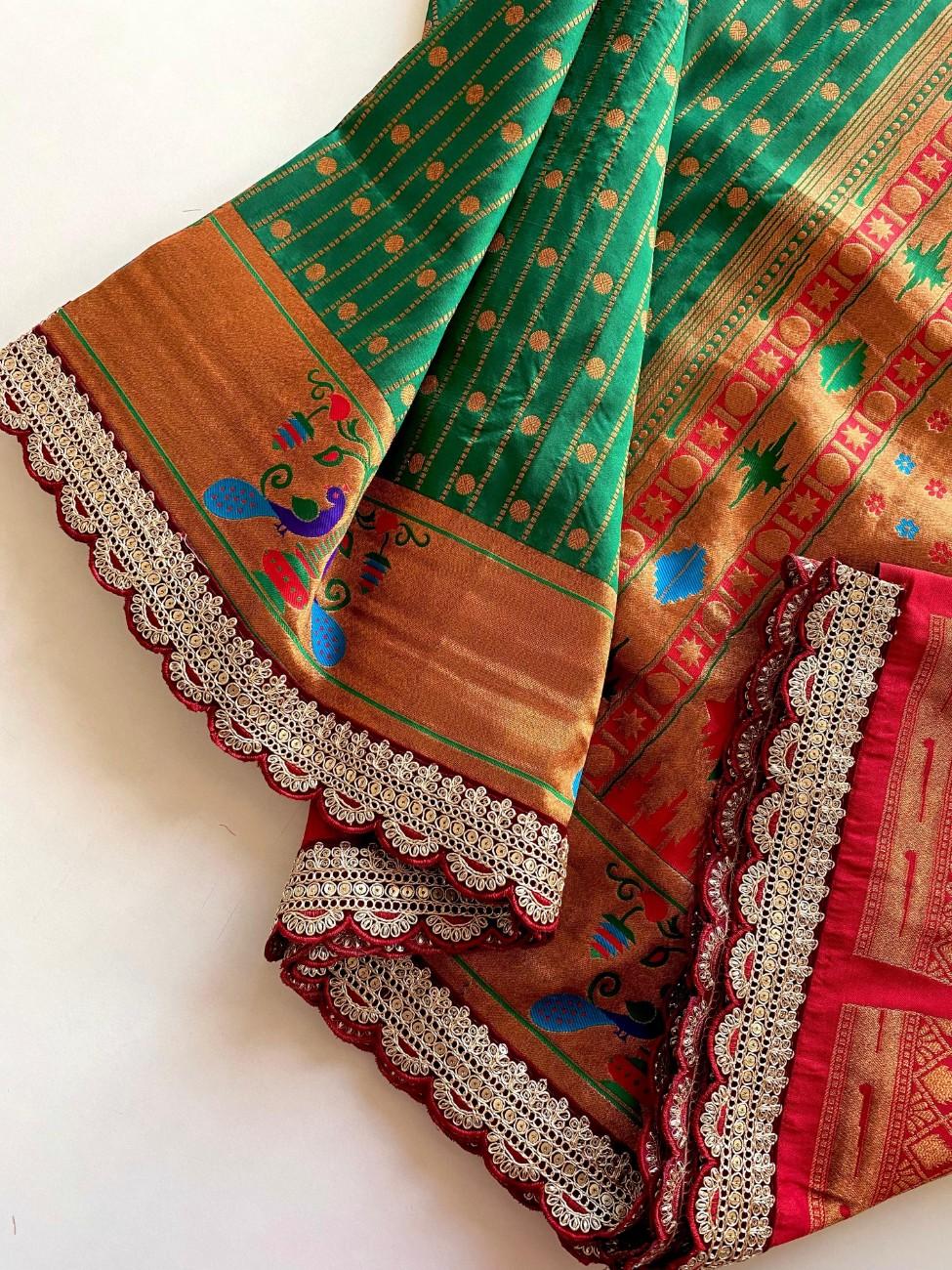 Premium Paithani Silk Saree With scalloped embroidered lace border