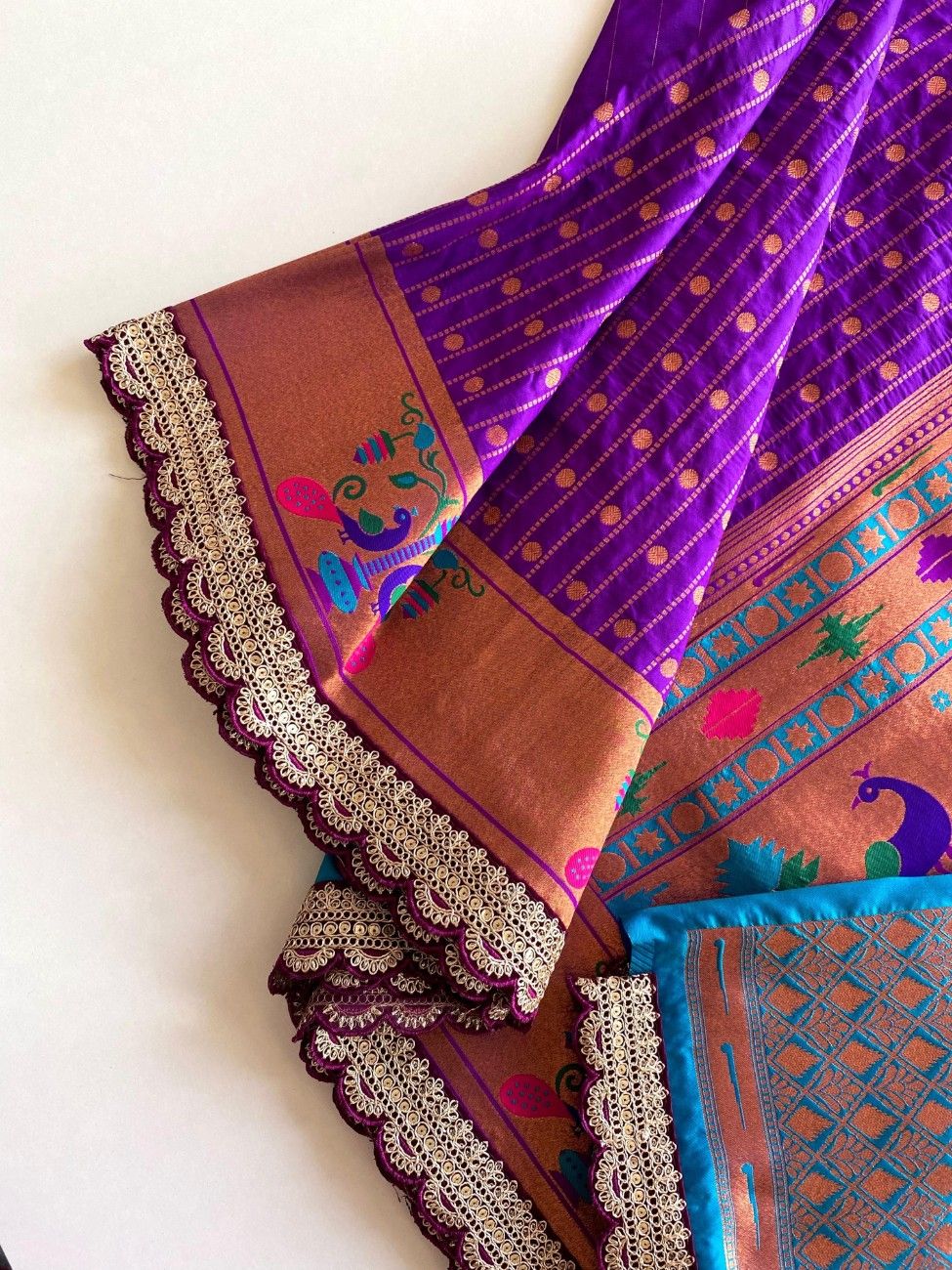 Premium Paithani Silk Saree With scalloped embroidered lace border