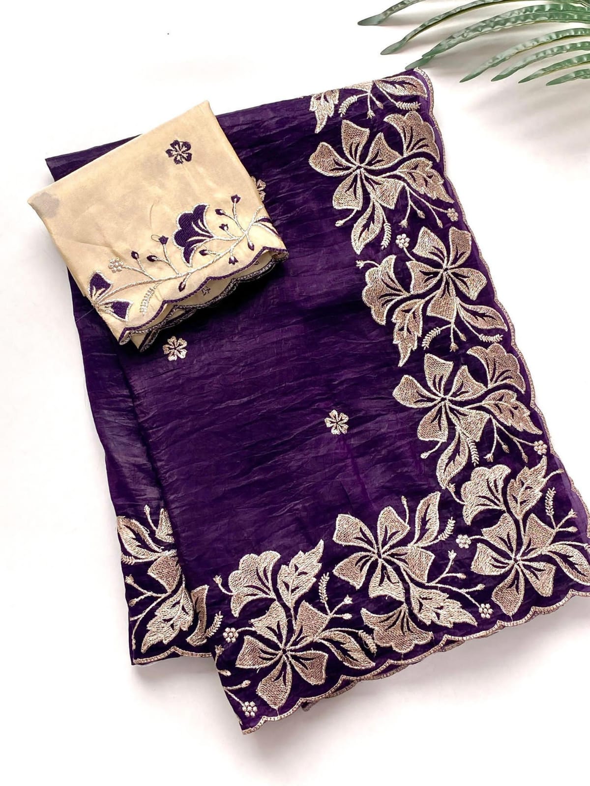 Premium Crush Silk Saree With  Floral Embroidery