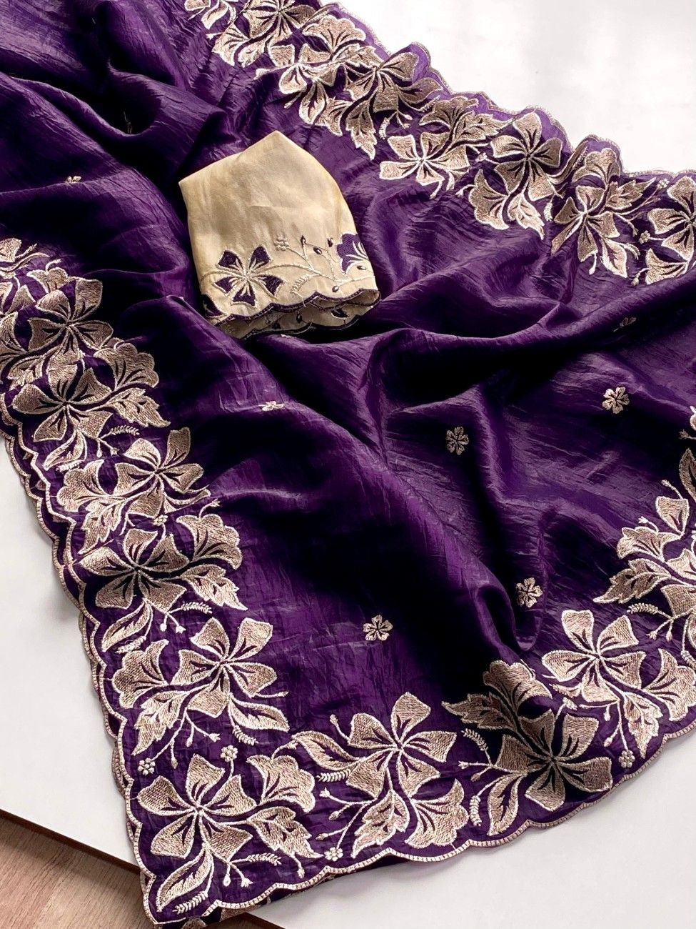 Premium Crush Silk Saree With  Floral Embroidery