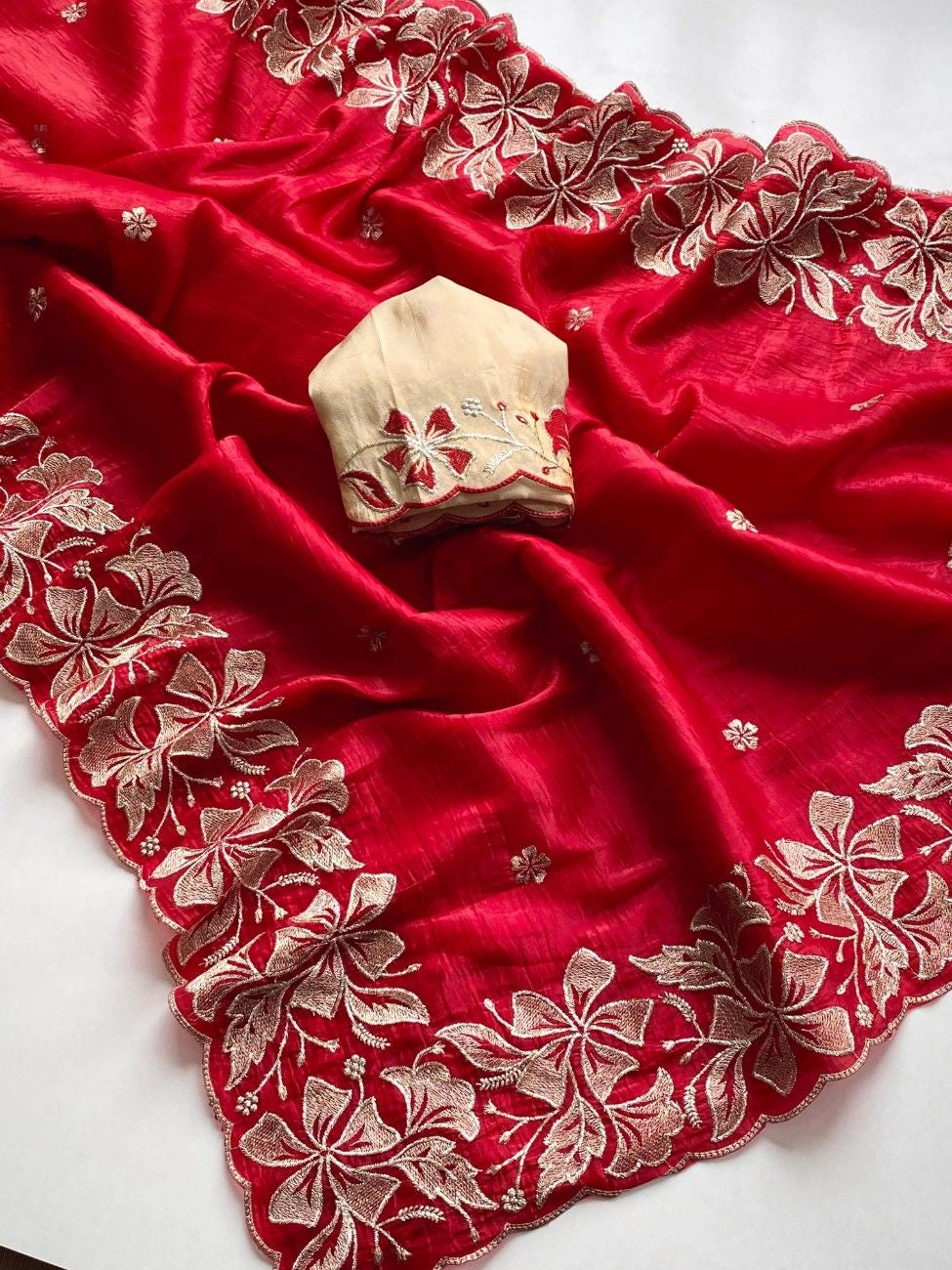 Premium Crush Silk Saree With  Floral Embroidery