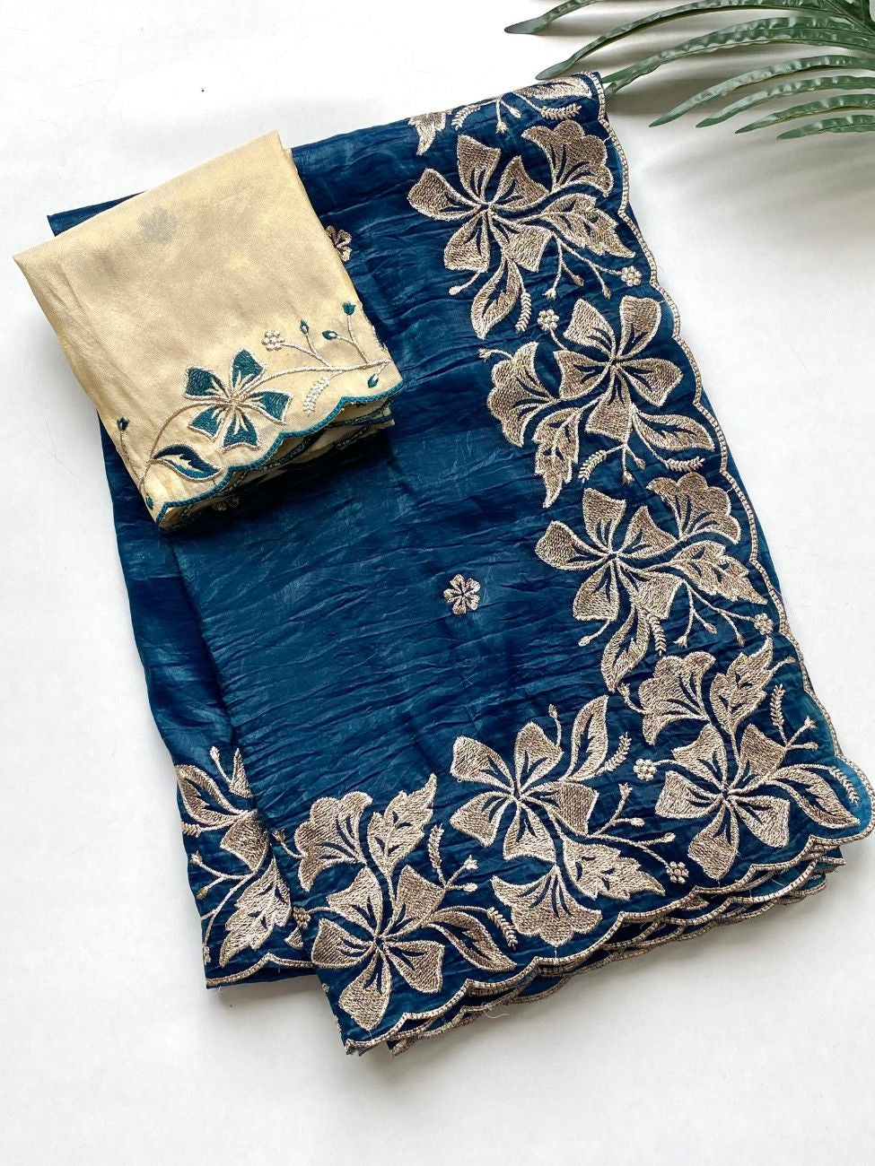 Premium Crush Silk Saree With  Floral Embroidery