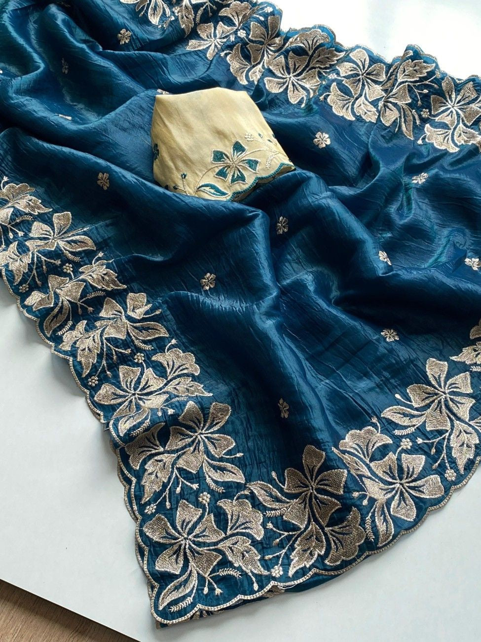 Premium Crush Silk Saree With  Floral Embroidery
