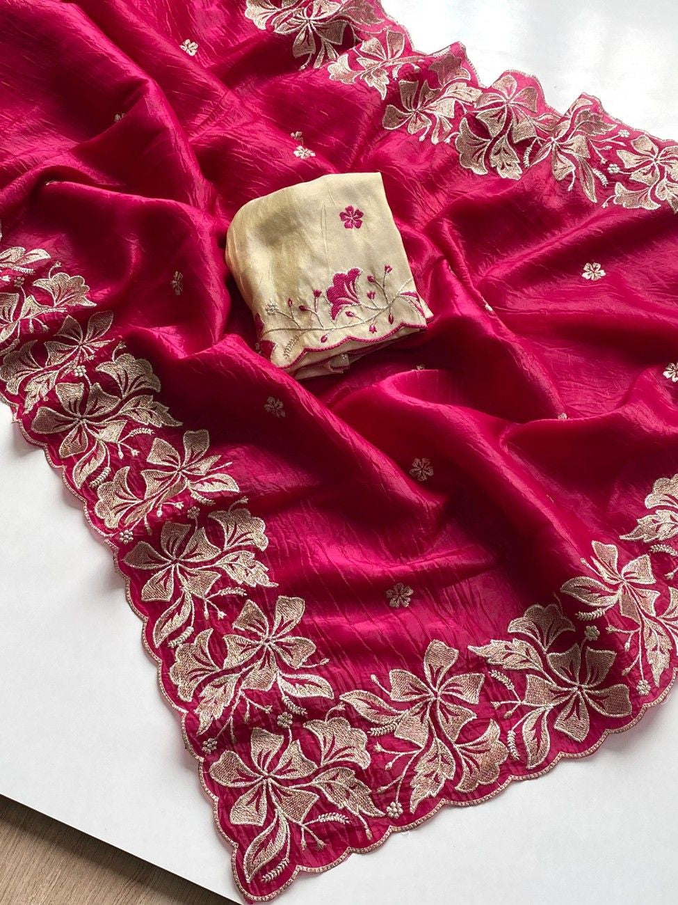 Premium Crush Silk Saree With  Floral Embroidery