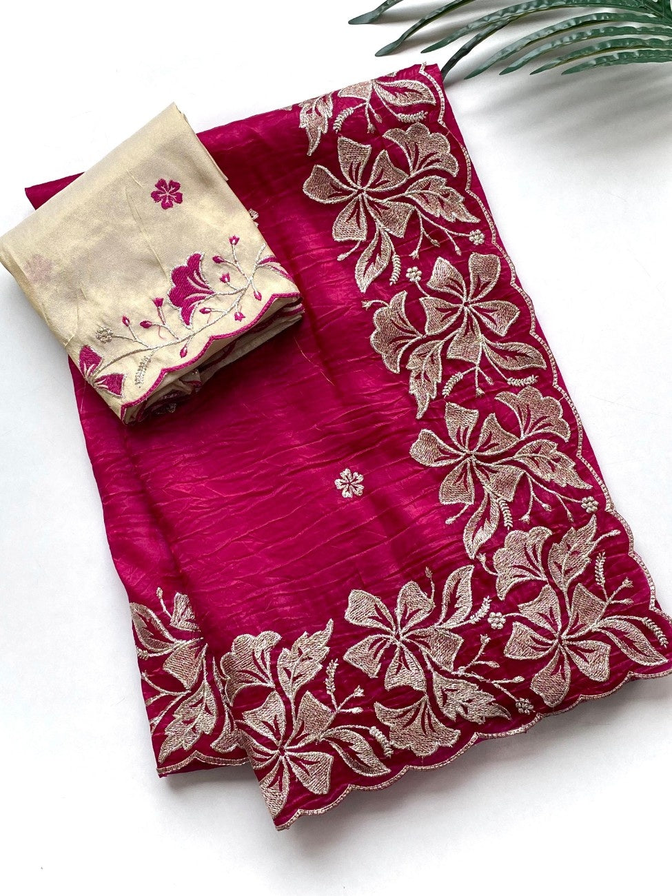 Premium Crush Silk Saree With  Floral Embroidery