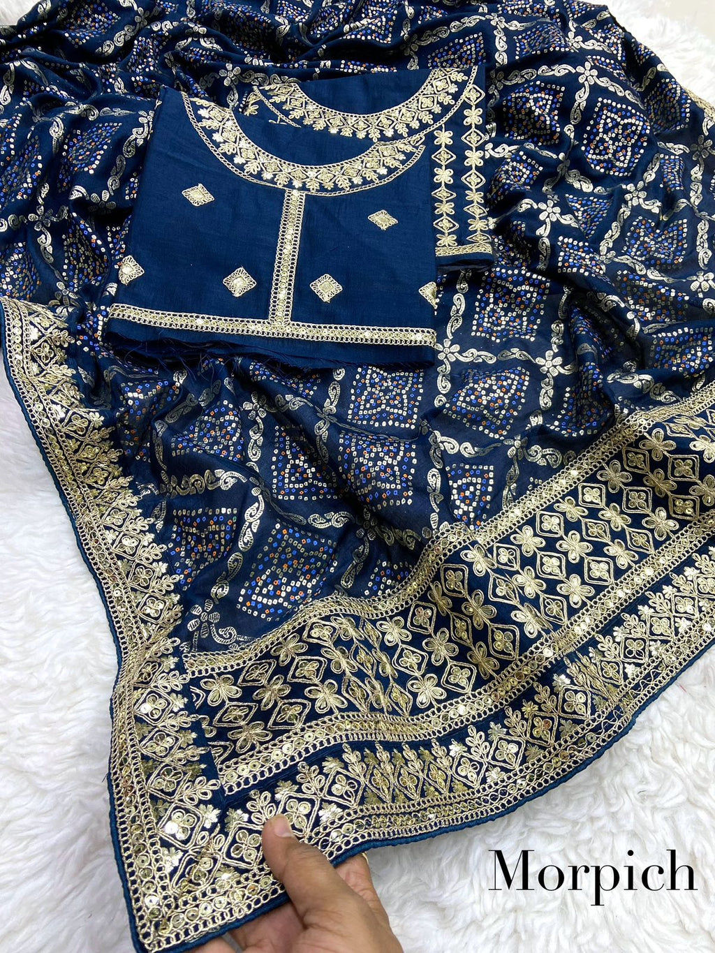 Vichitra Khadi Bandhej Saree With Heavy Coding Embroidery on Pallu