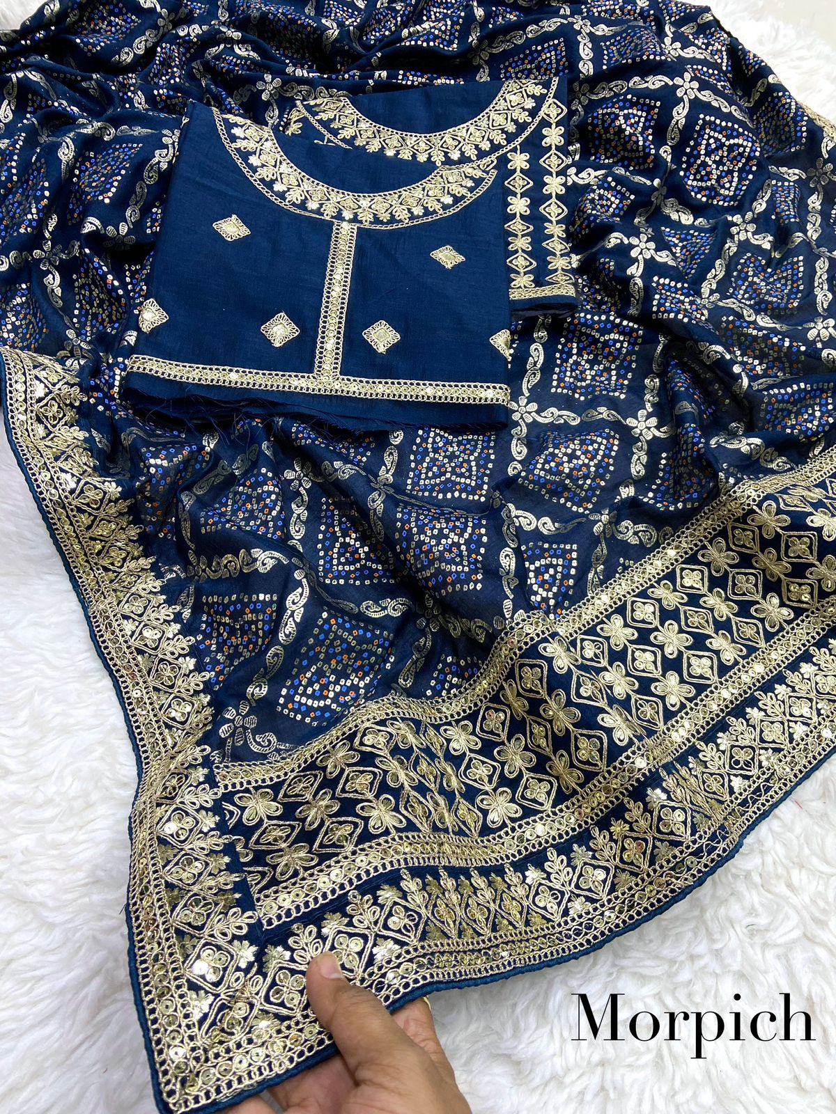 Vichitra Khadi Bandhej Saree With Heavy Coding Embroidery on Pallu