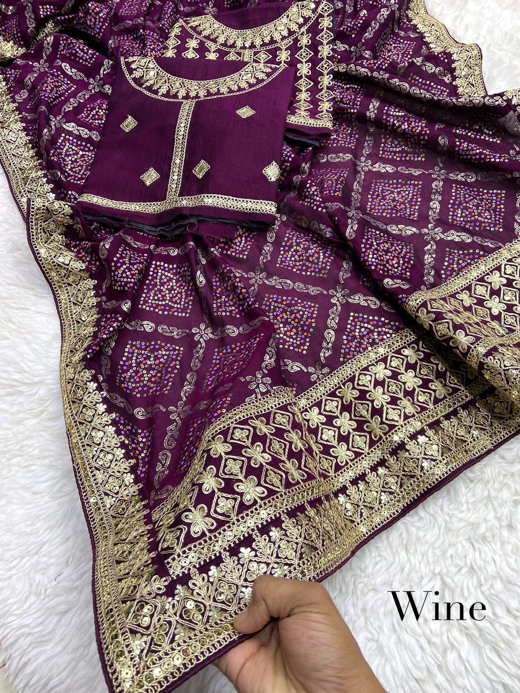 Vichitra Khadi Bandhej Saree With Heavy Coding Embroidery on Pallu