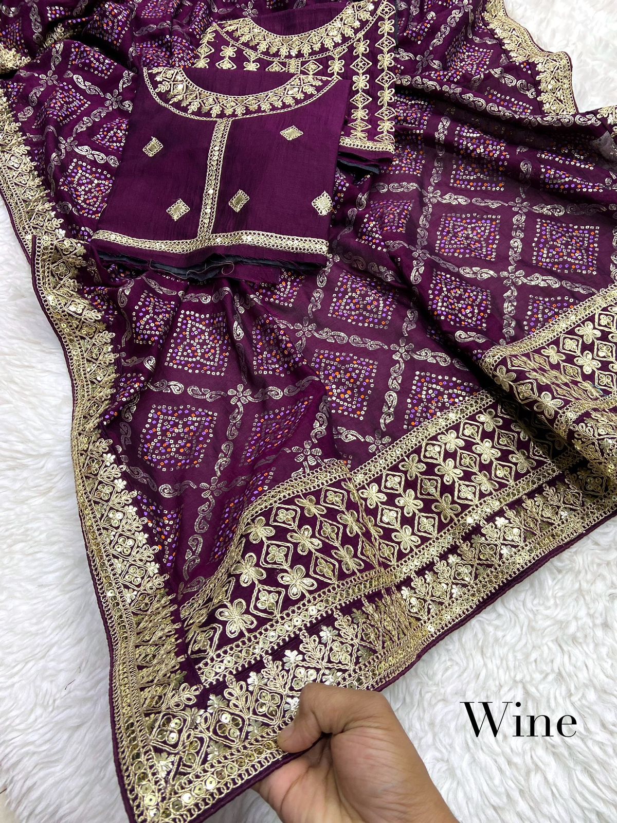 Vichitra Khadi Bandhej Saree With Heavy Coding Embroidery on Pallu