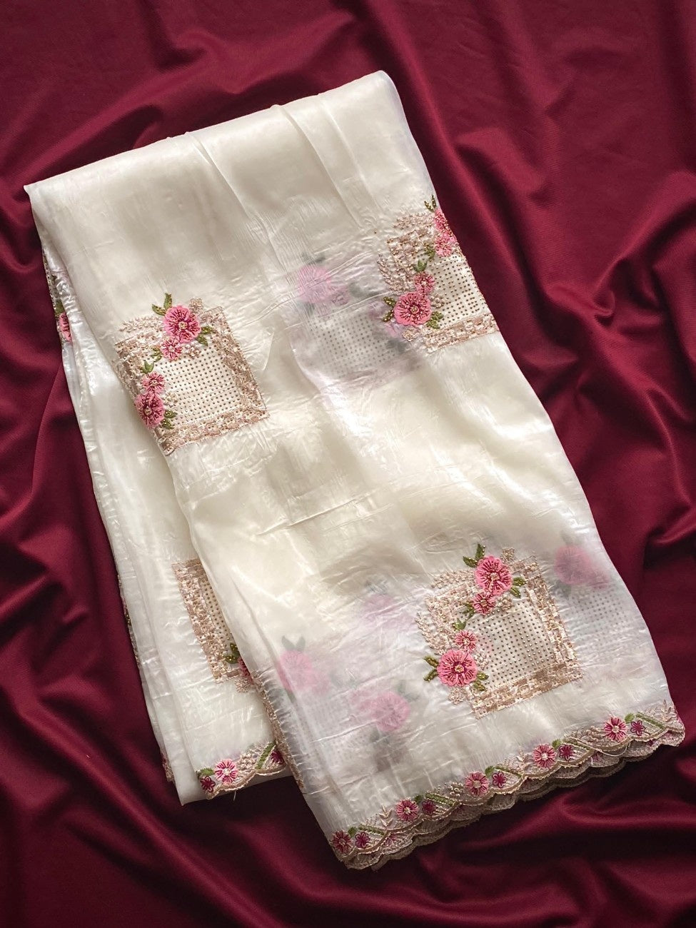 Premium Paper Silk With floral embroidery buttas and  Swarovski works