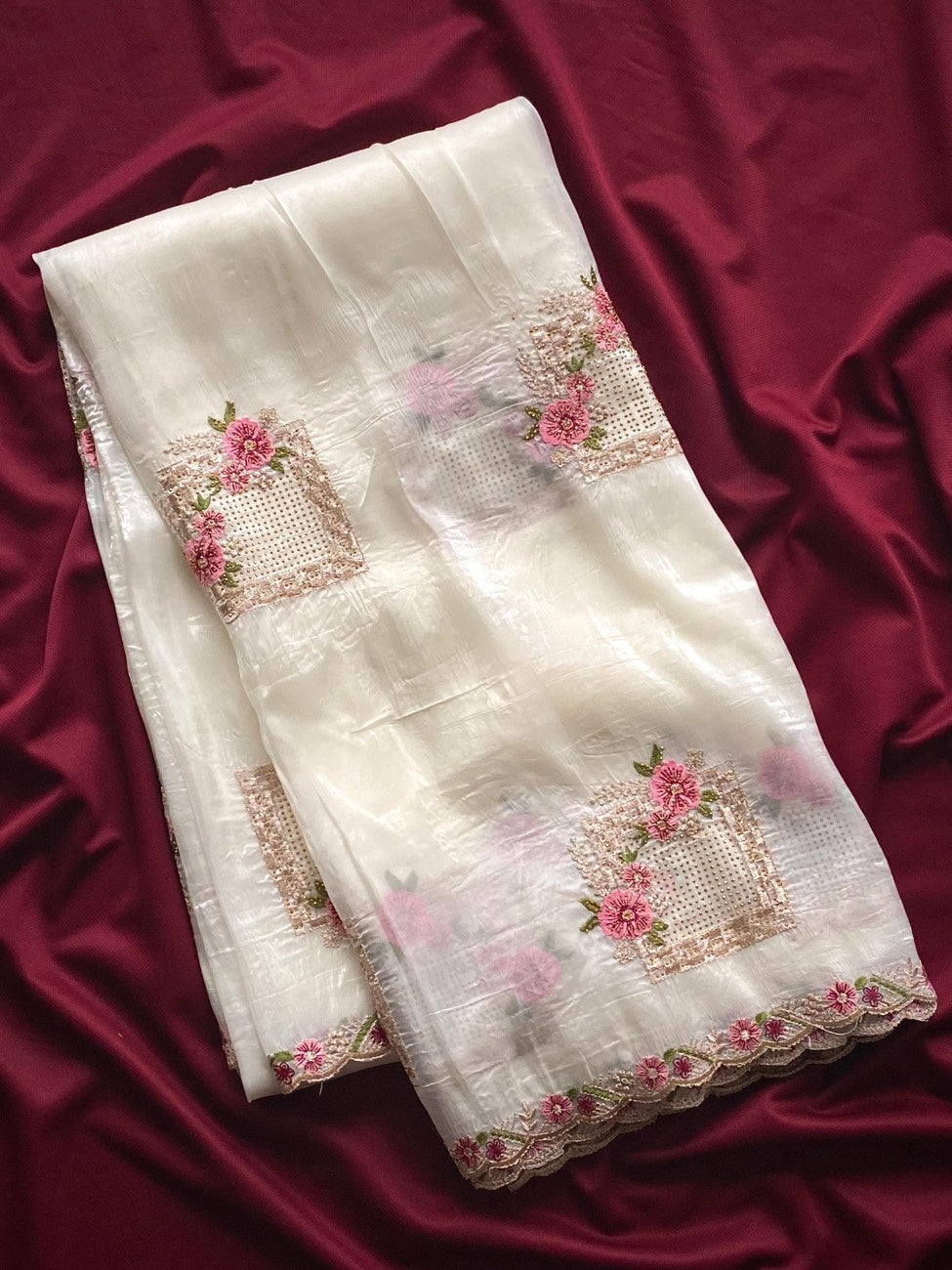 Premium Paper Silk With floral embroidery buttas and  Swarovski works