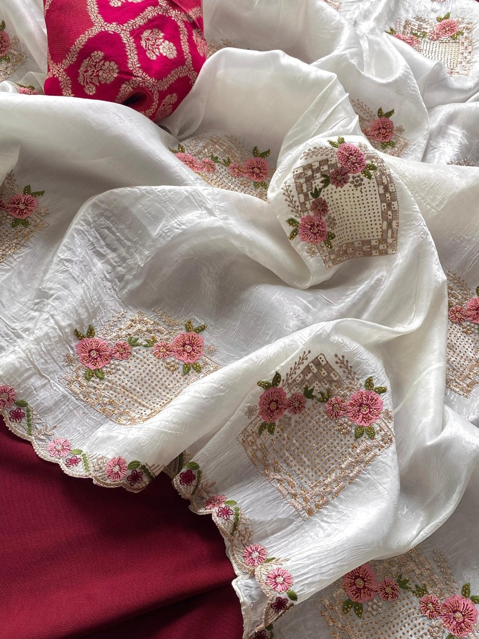 Premium Paper Silk With floral embroidery buttas and  Swarovski works