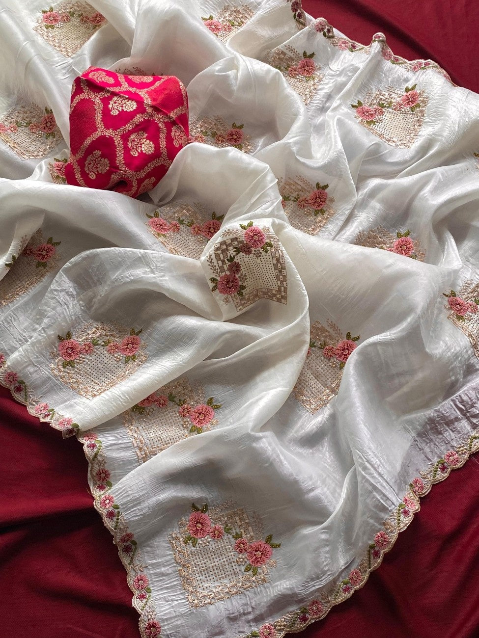 Premium Paper Silk With floral embroidery buttas and  Swarovski works