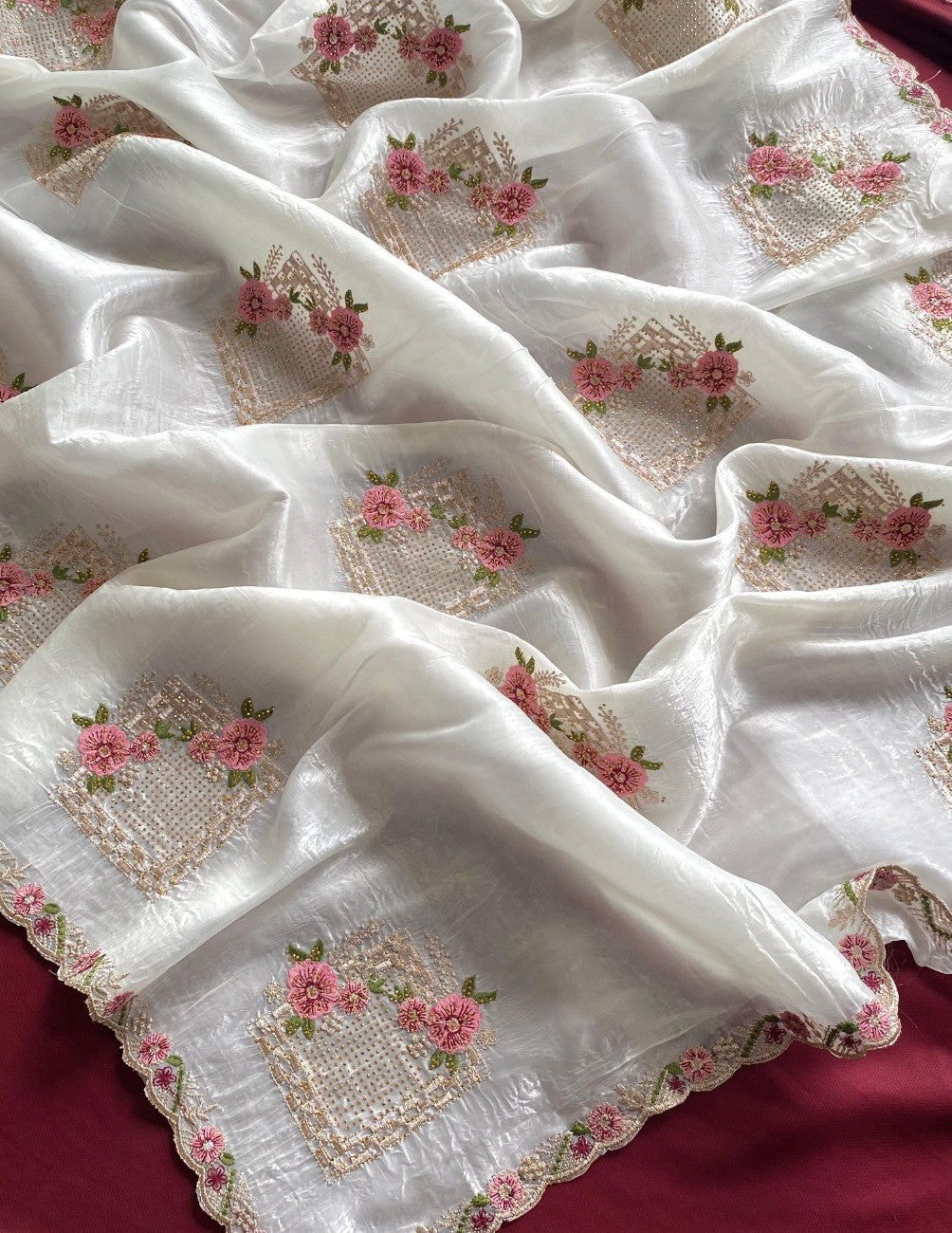 Premium Paper Silk With floral embroidery buttas and  Swarovski works