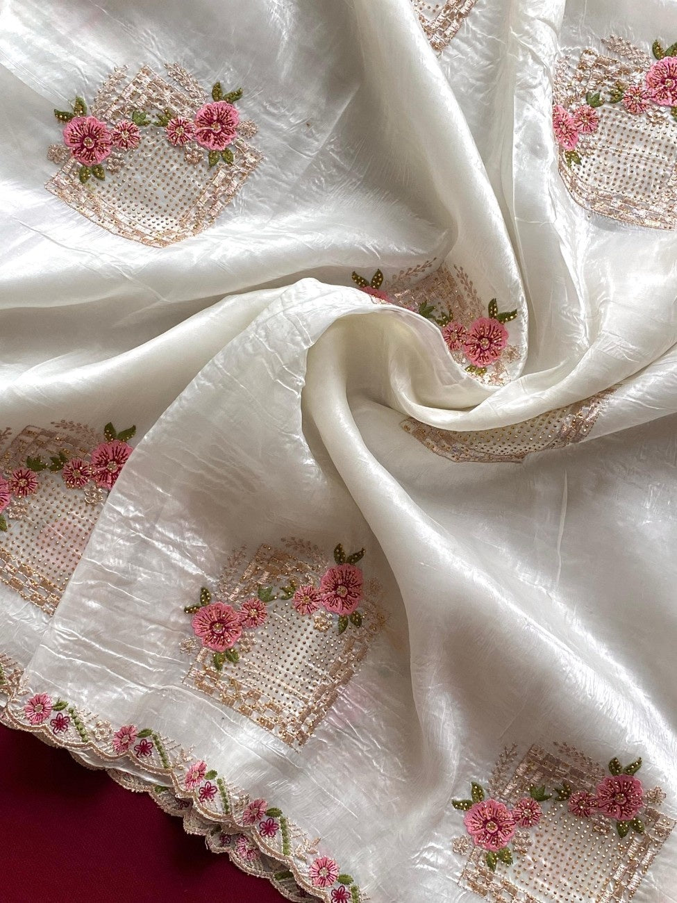 Premium Paper Silk With floral embroidery buttas and  Swarovski works