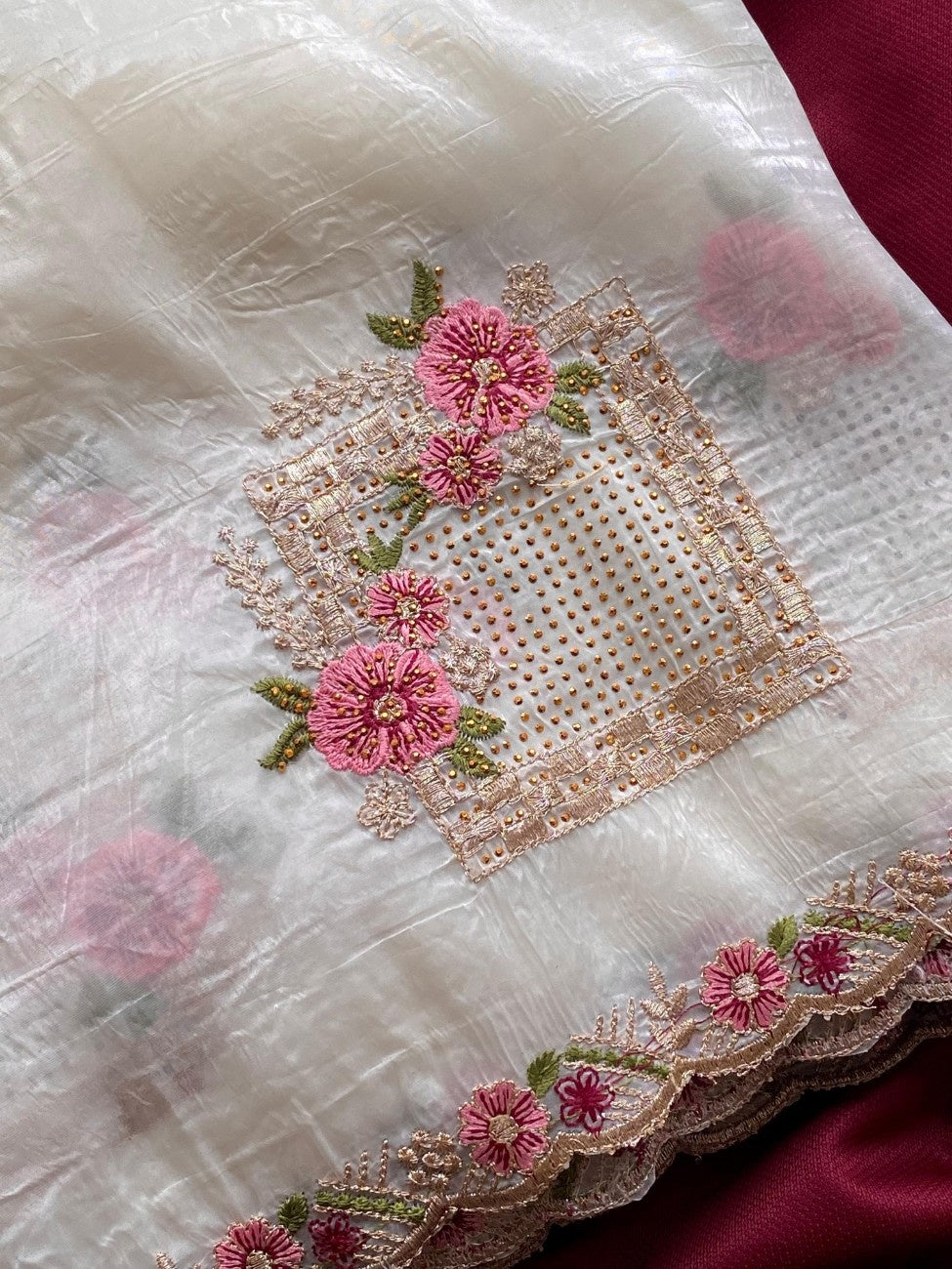 Premium Paper Silk With floral embroidery buttas and  Swarovski works