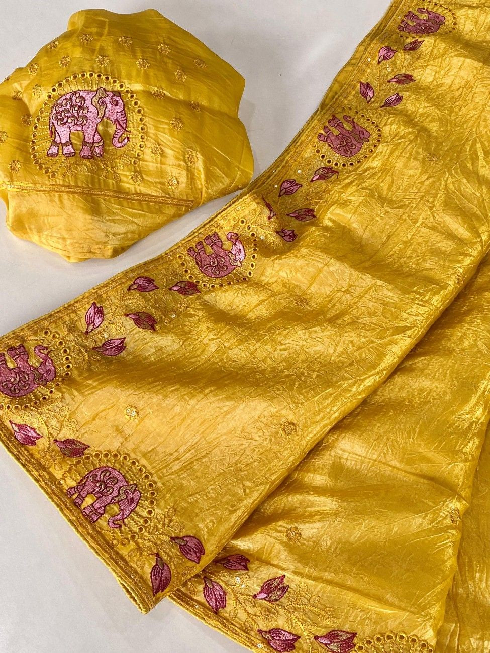 Crush Silk Saree With All-over Embroidery with Fine Cutwork Edging