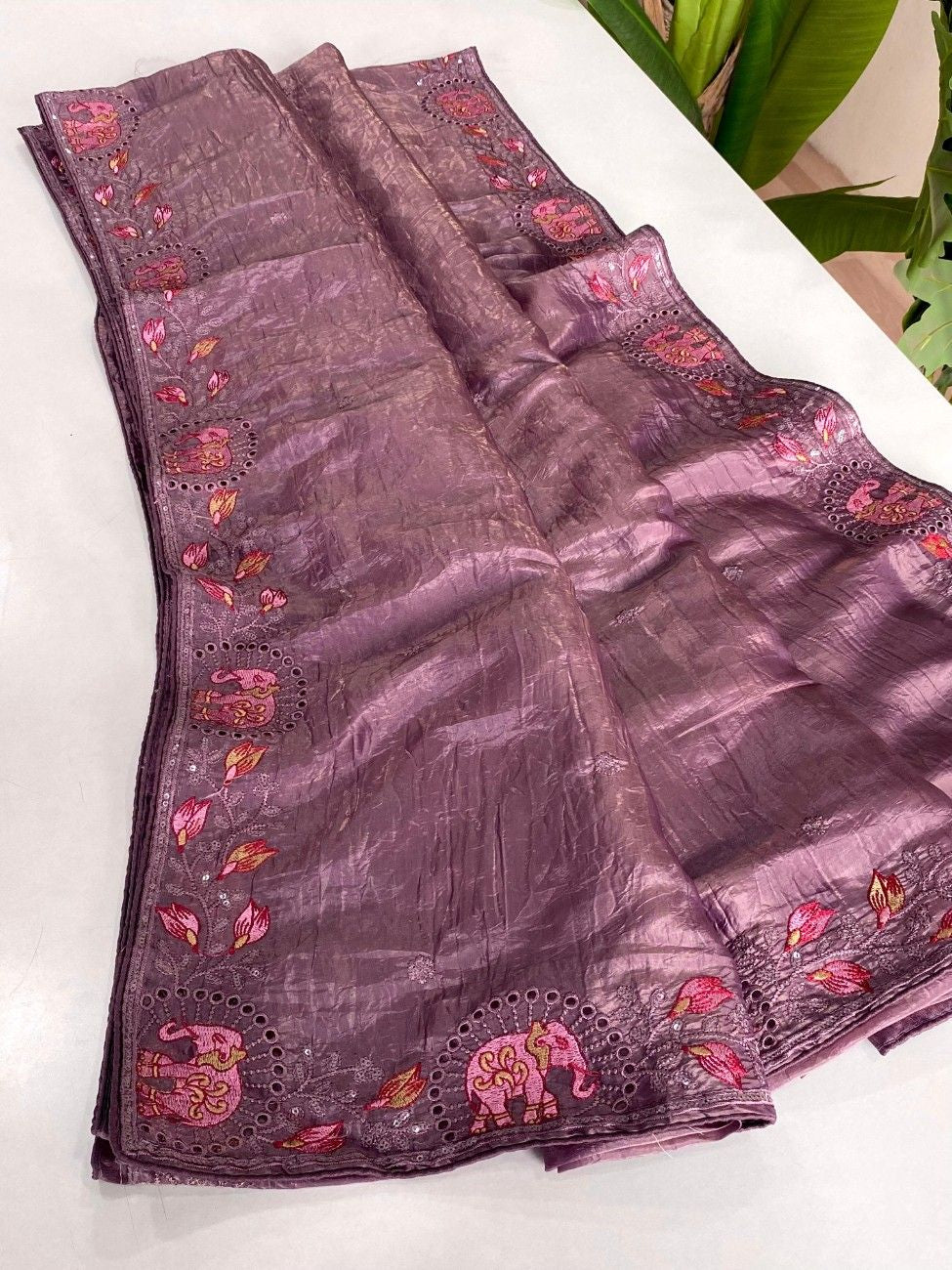 Crush Silk Saree With All-over Embroidery with Fine Cutwork Edging