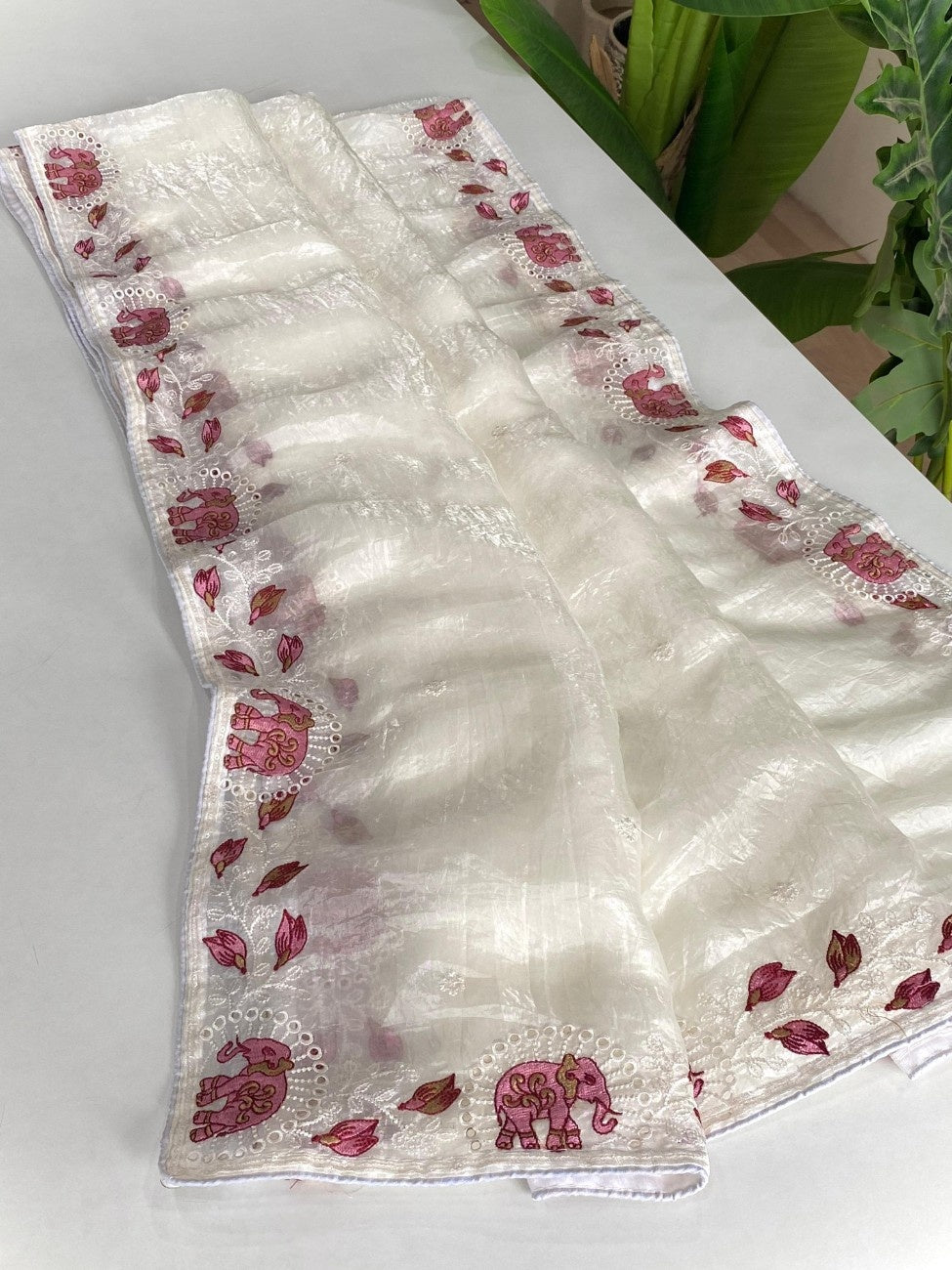 Crush Silk Saree With All-over Embroidery with Fine Cutwork Edging