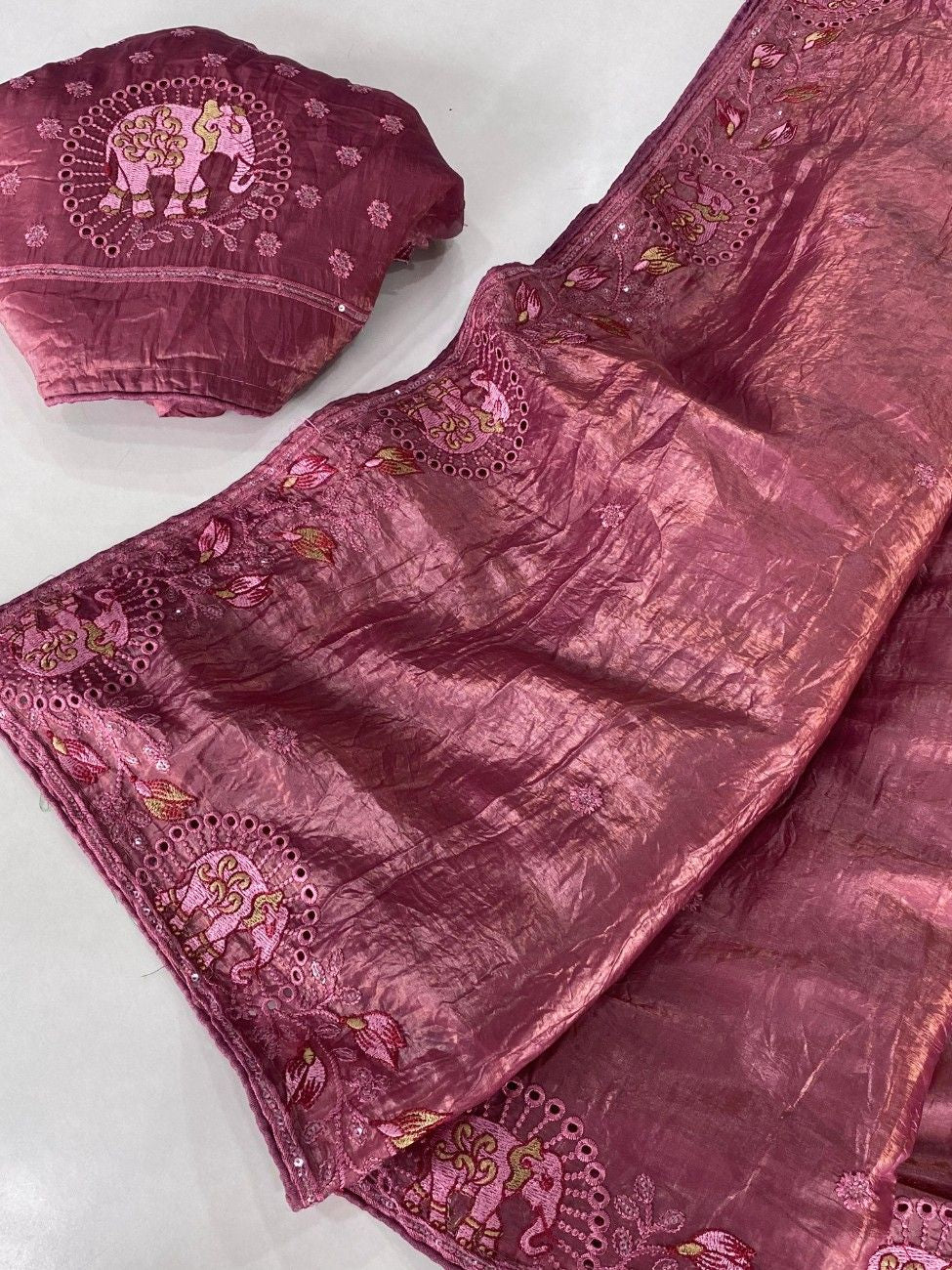 Crush Silk Saree With All-over Embroidery with Fine Cutwork Edging