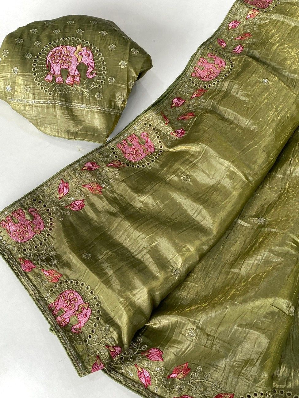 Crush Silk Saree With All-over Embroidery with Fine Cutwork Edging