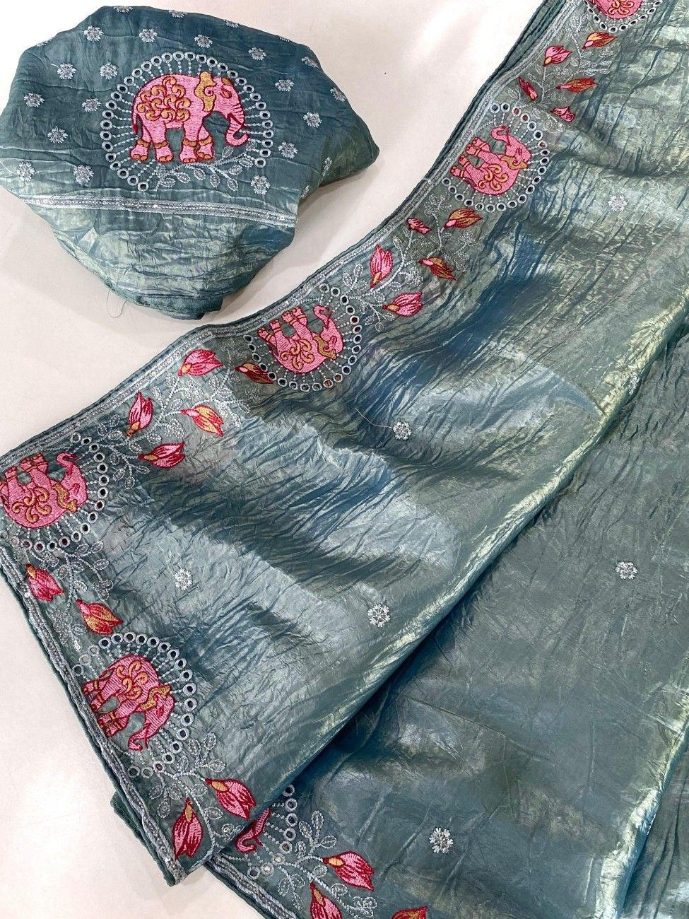 Crush Silk Saree With All-over Embroidery with Fine Cutwork Edging
