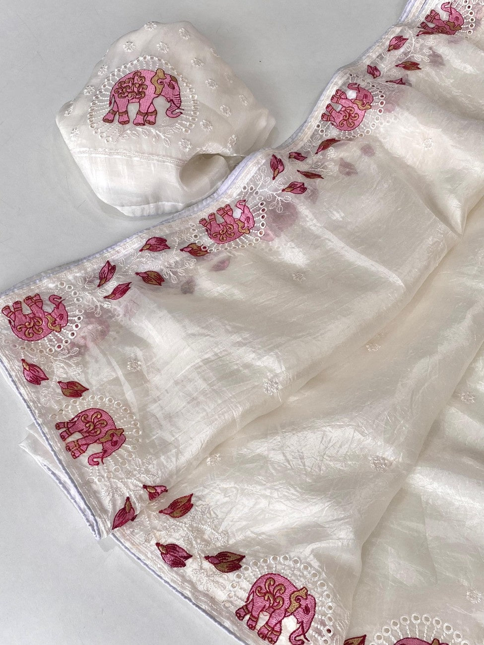 Crush Silk Saree With All-over Embroidery with Fine Cutwork Edging