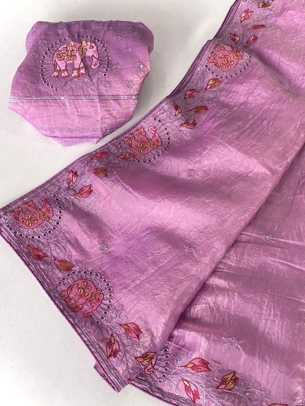 Crush Silk Saree With All-over Embroidery with Fine Cutwork Edging