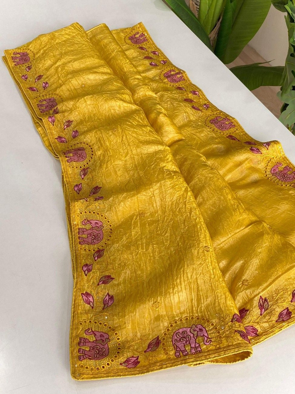 Crush Silk Saree With All-over Embroidery with Fine Cutwork Edging
