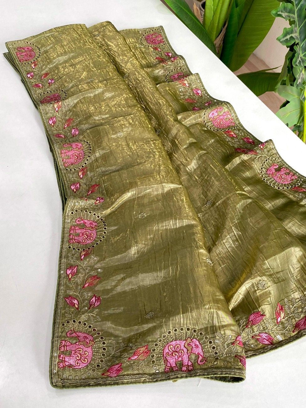 Crush Silk Saree With All-over Embroidery with Fine Cutwork Edging
