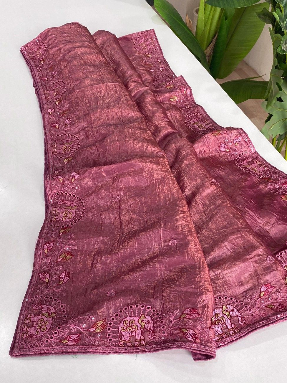 Crush Silk Saree With All-over Embroidery with Fine Cutwork Edging