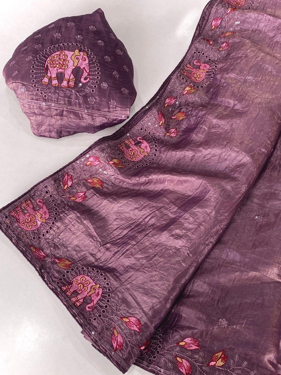 Crush Silk Saree With All-over Embroidery with Fine Cutwork Edging