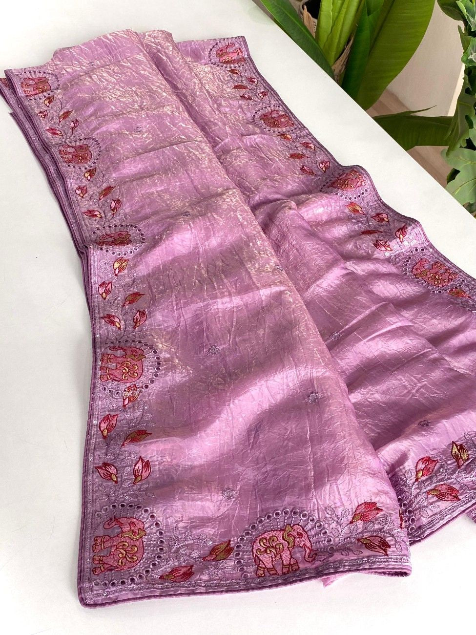 Crush Silk Saree With All-over Embroidery with Fine Cutwork Edging