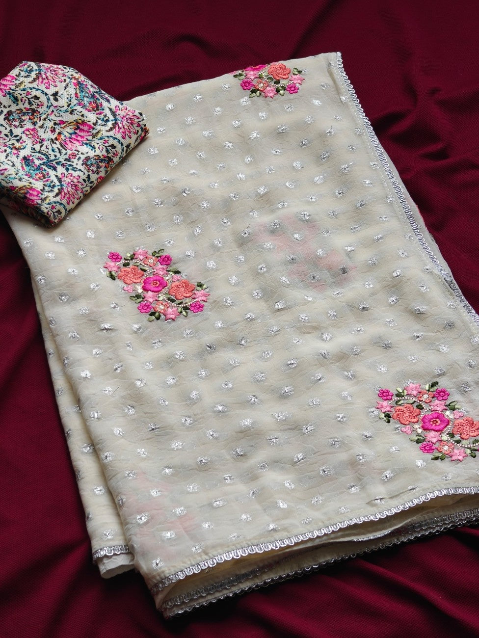 Premium German Chiffon Saree with Silver Butti & Contrast Blouse