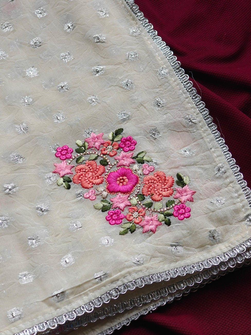 Premium German Chiffon Saree with Silver Butti & Contrast Blouse
