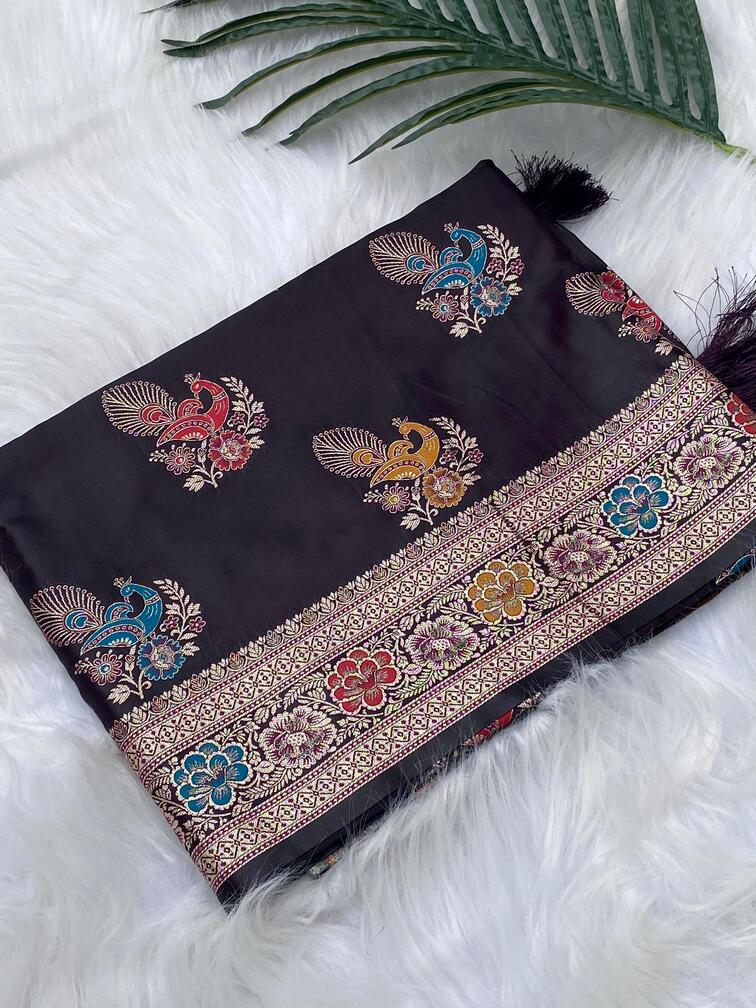 Premium Mushro Satin Saree with Peacock Motif Weaving