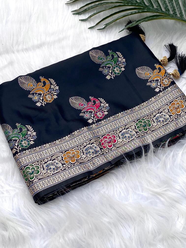 Premium Mushro Satin Saree with Peacock Motif Weaving