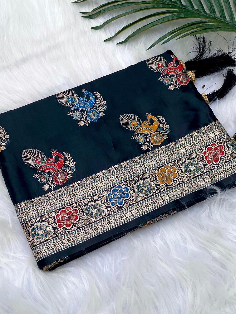 Premium Mushro Satin Saree with Peacock Motif Weaving
