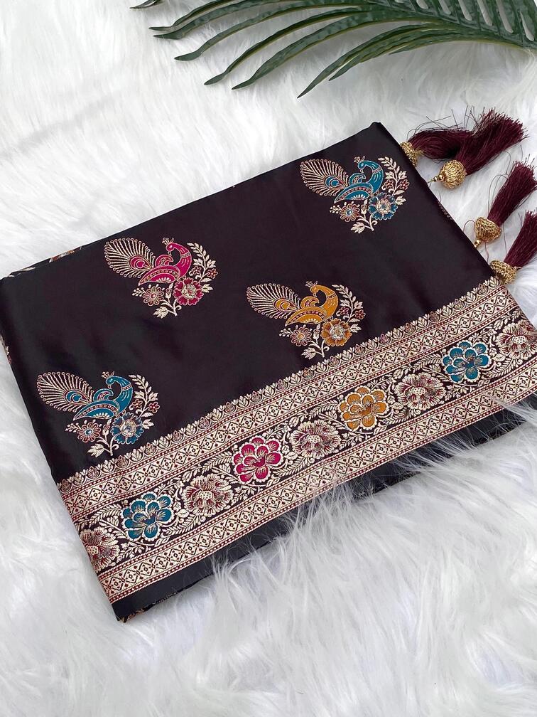 Premium Mushro Satin Saree with Peacock Motif Weaving