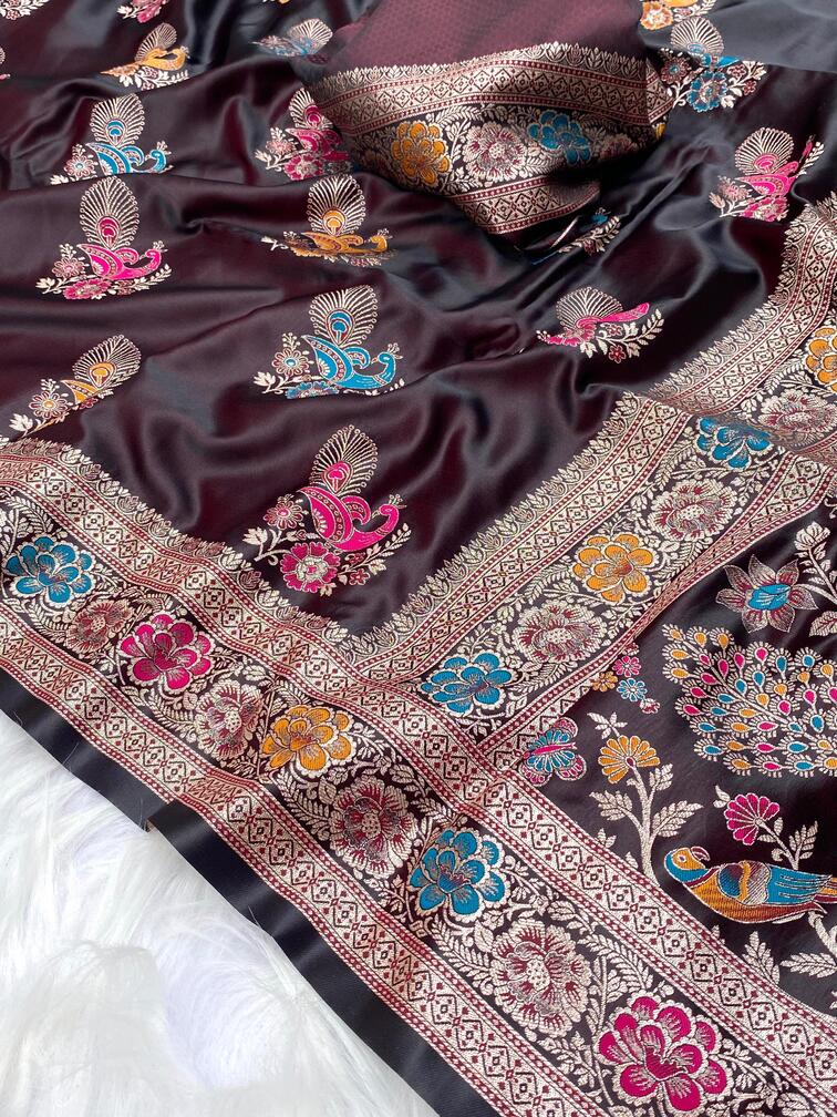 Premium Mushro Satin Saree with Peacock Motif Weaving