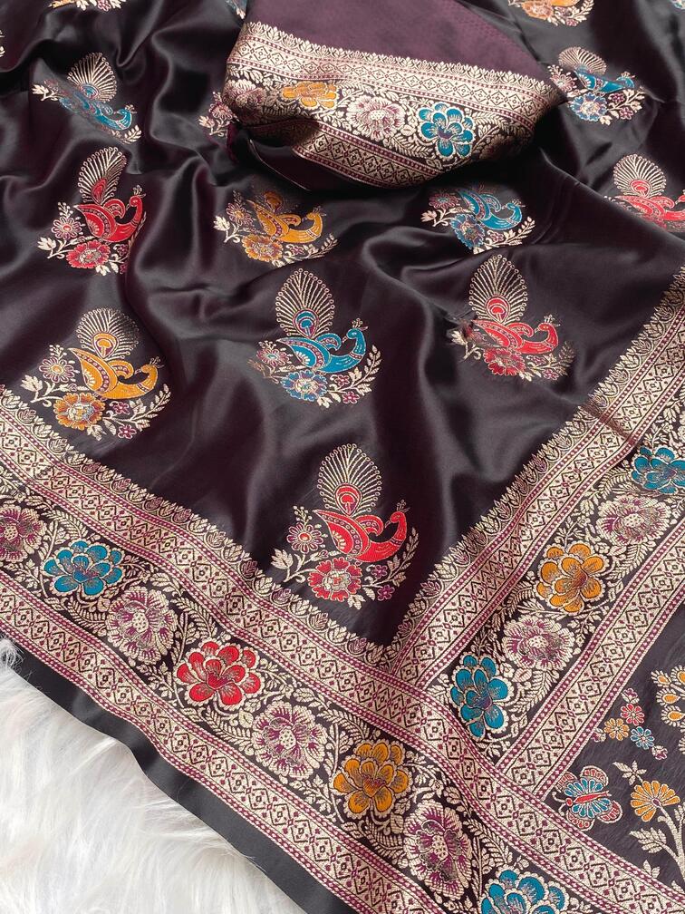 Premium Mushro Satin Saree with Peacock Motif Weaving