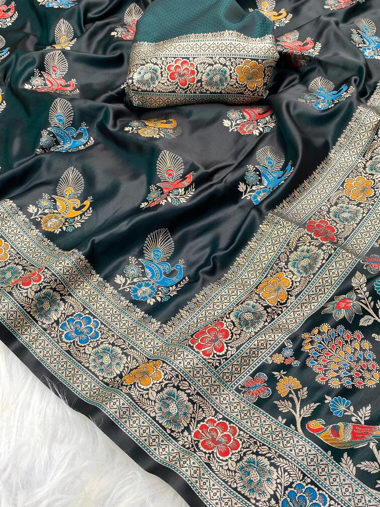 Premium Mushro Satin Saree with Peacock Motif Weaving