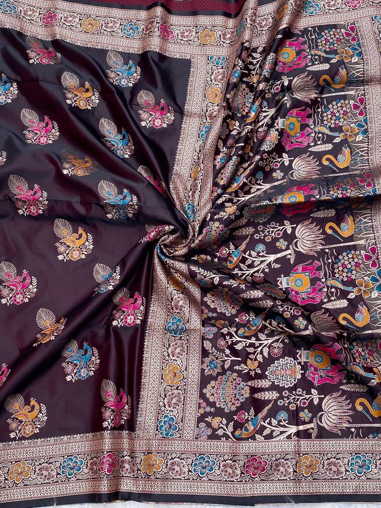 Premium Mushro Satin Saree with Peacock Motif Weaving