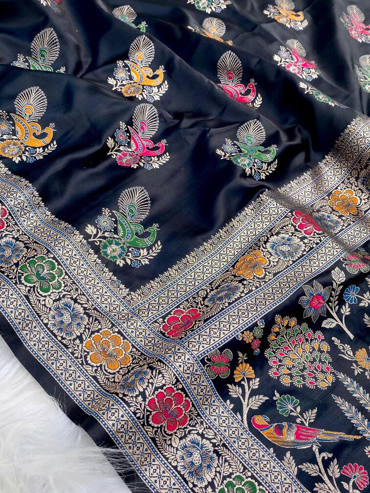 Premium Mushro Satin Saree with Peacock Motif Weaving