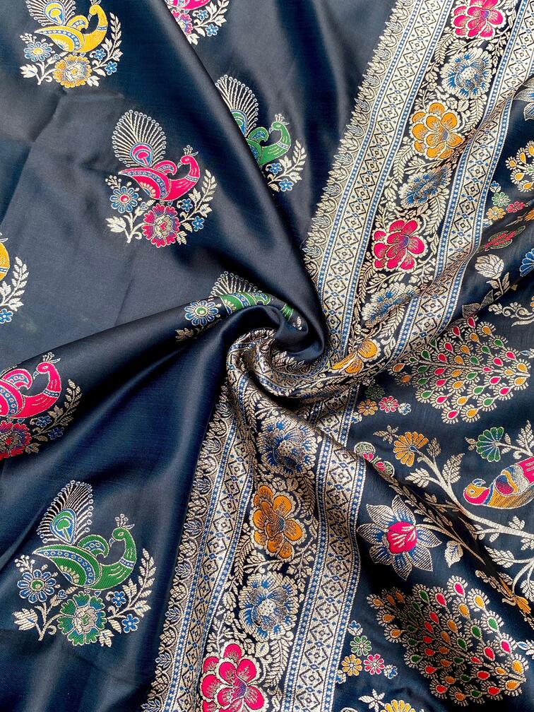 Premium Mushro Satin Saree with Peacock Motif Weaving
