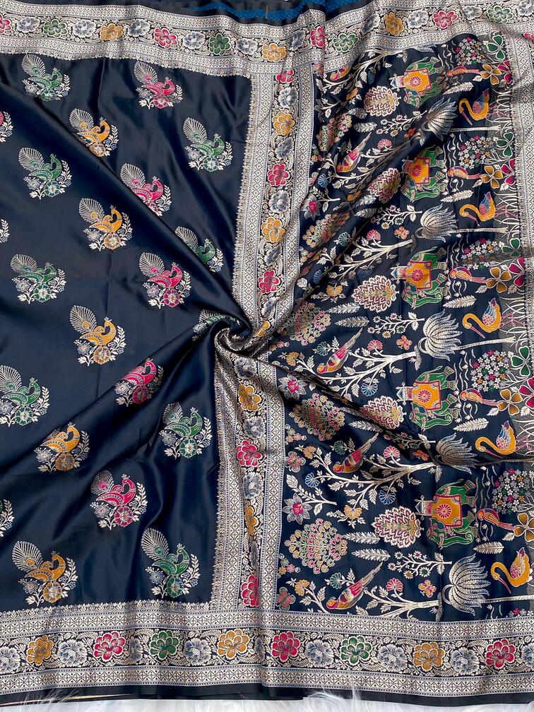 Premium Mushro Satin Saree with Peacock Motif Weaving